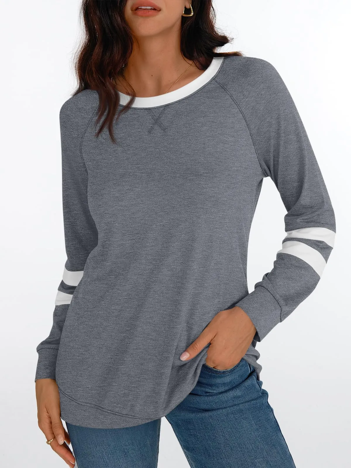 Womens Long Sleeve Shirts Color Block Casual Crewneck Tops Tshirt Basic Tees Fashion Clothes Trendy Outfits