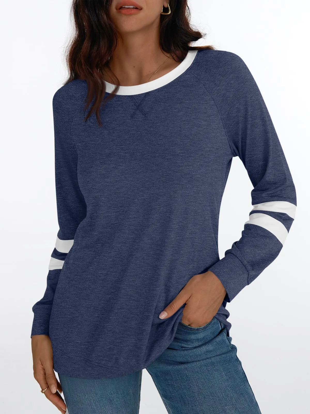 Womens Long Sleeve Shirts Color Block Casual Crewneck Tops Tshirt Basic Tees Fashion Clothes Trendy Outfits