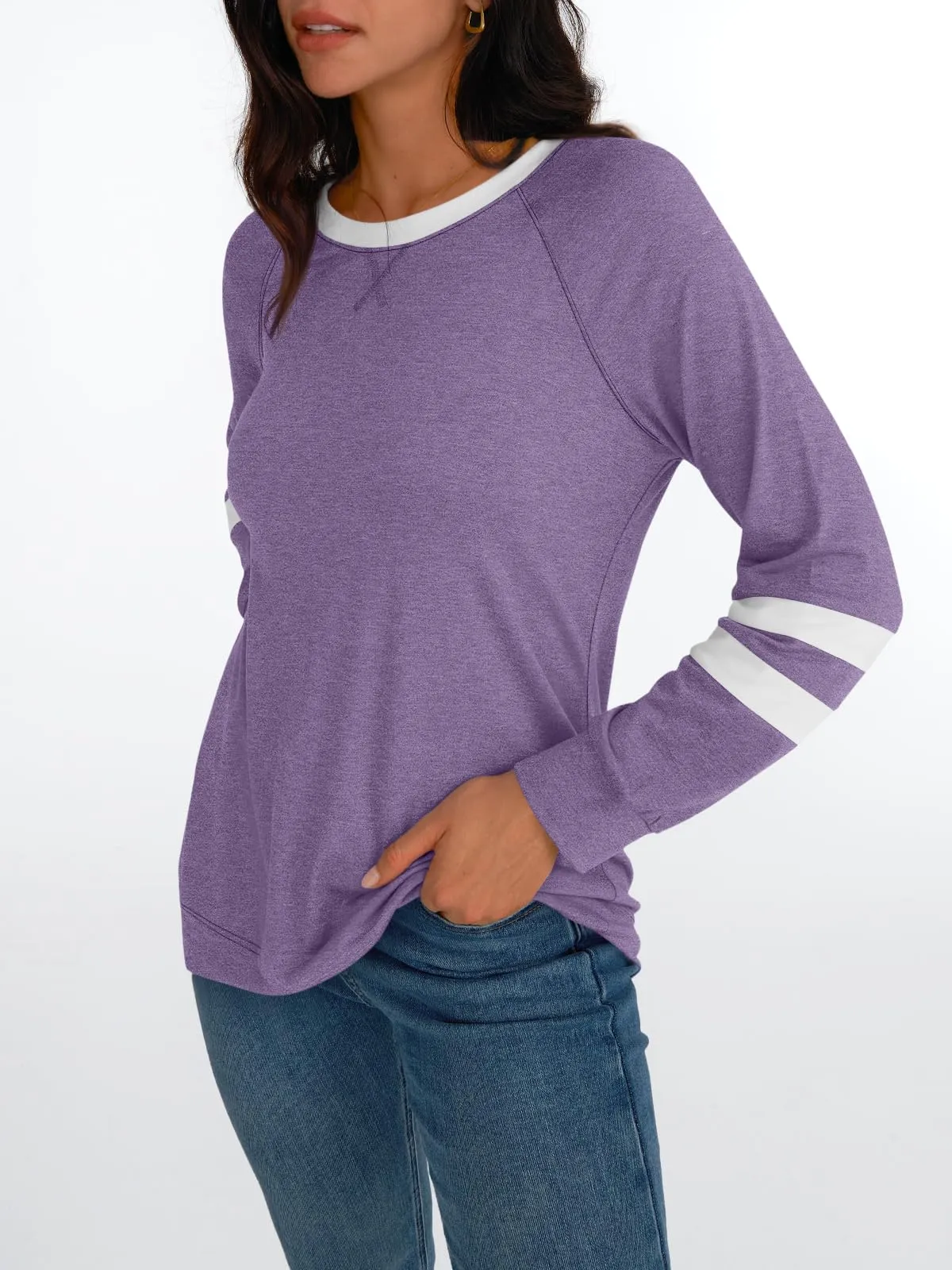 Womens Long Sleeve Shirts Color Block Casual Crewneck Tops Tshirt Basic Tees Fashion Clothes Trendy Outfits