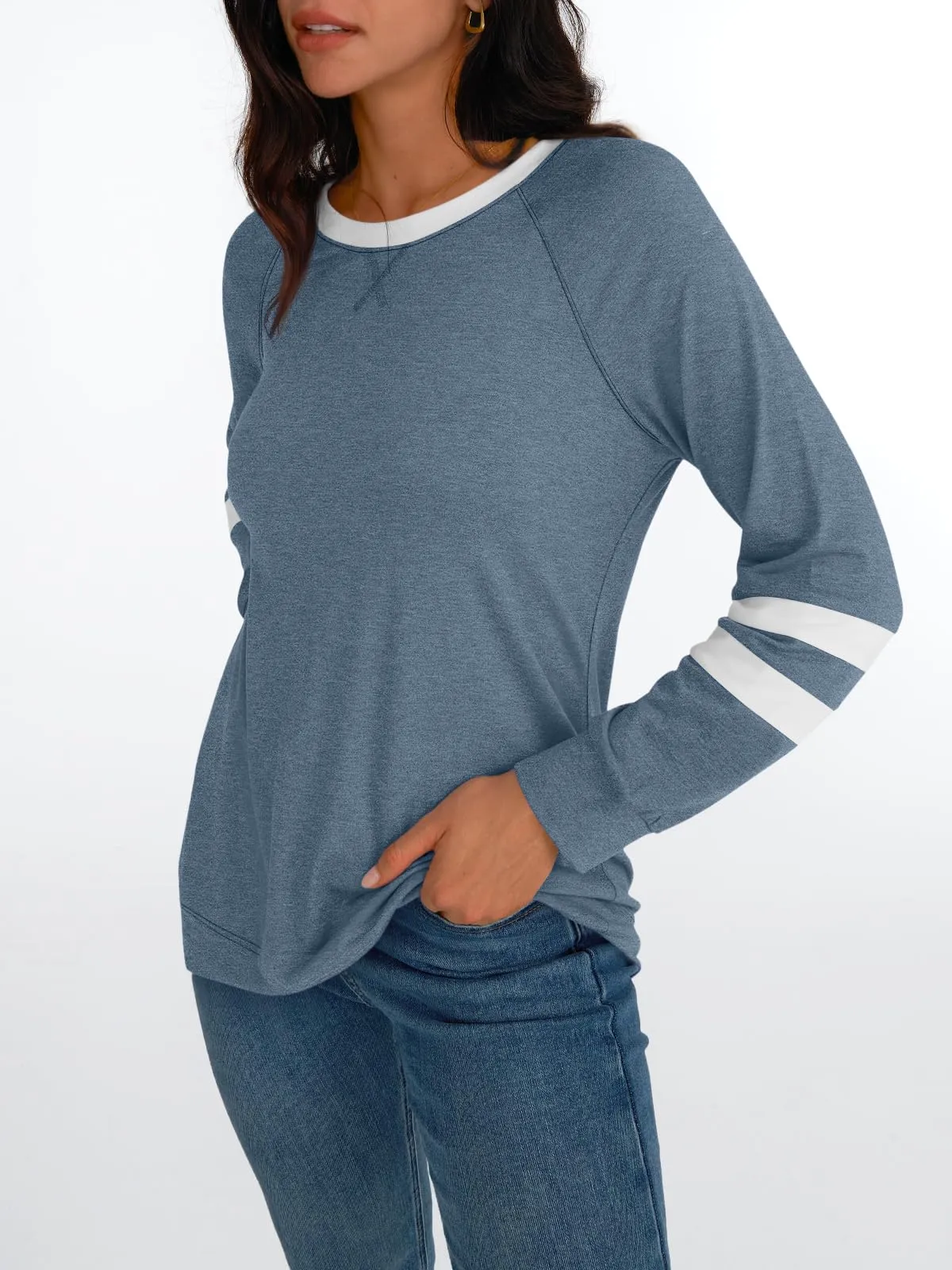 Womens Long Sleeve Shirts Color Block Casual Crewneck Tops Tshirt Basic Tees Fashion Clothes Trendy Outfits