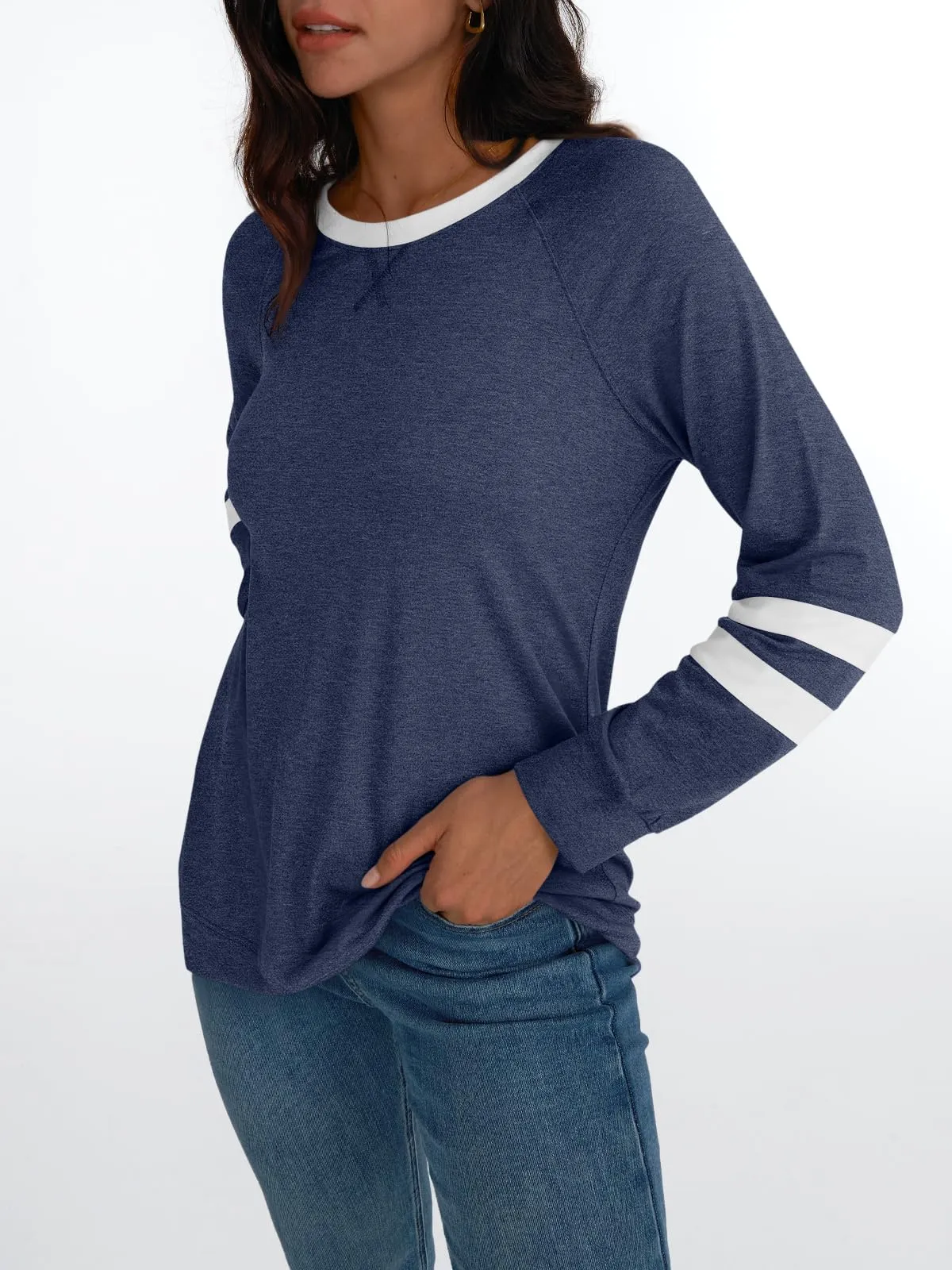 Womens Long Sleeve Shirts Color Block Casual Crewneck Tops Tshirt Basic Tees Fashion Clothes Trendy Outfits