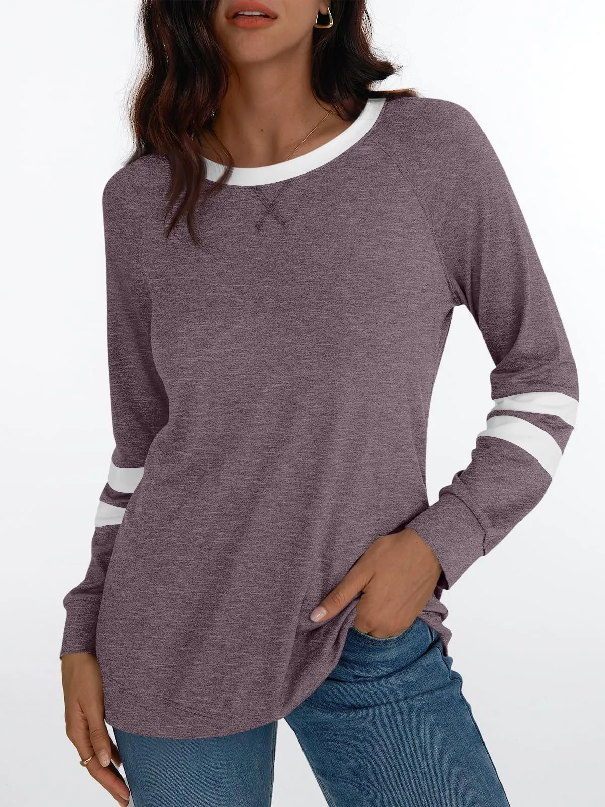 Womens Long Sleeve Shirts Color Block Casual Crewneck Tops Tshirt Basic Tees Fashion Clothes Trendy Outfits