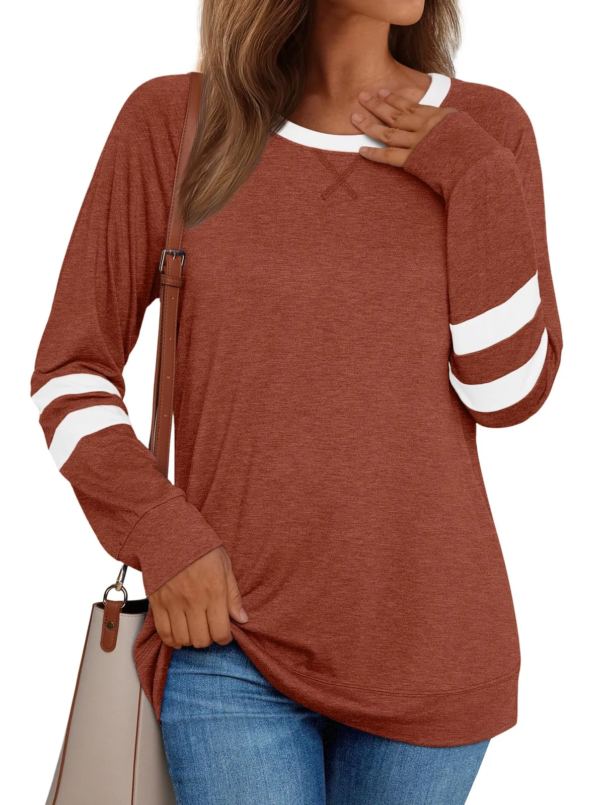 Womens Long Sleeve Shirts Color Block Casual Crewneck Tops Tshirt Basic Tees Fashion Clothes Trendy Outfits