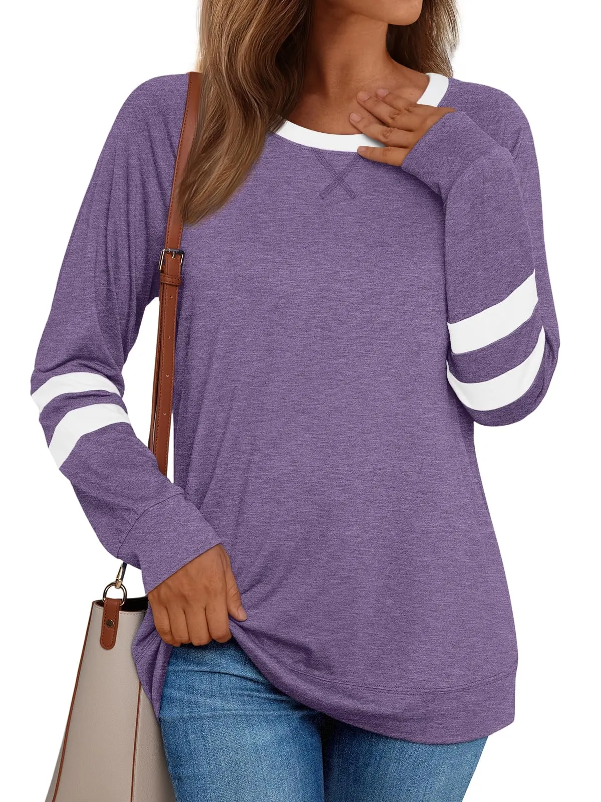 Womens Long Sleeve Shirts Color Block Casual Crewneck Tops Tshirt Basic Tees Fashion Clothes Trendy Outfits