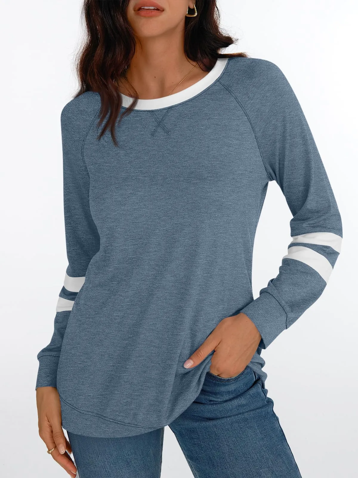 Womens Long Sleeve Shirts Color Block Casual Crewneck Tops Tshirt Basic Tees Fashion Clothes Trendy Outfits