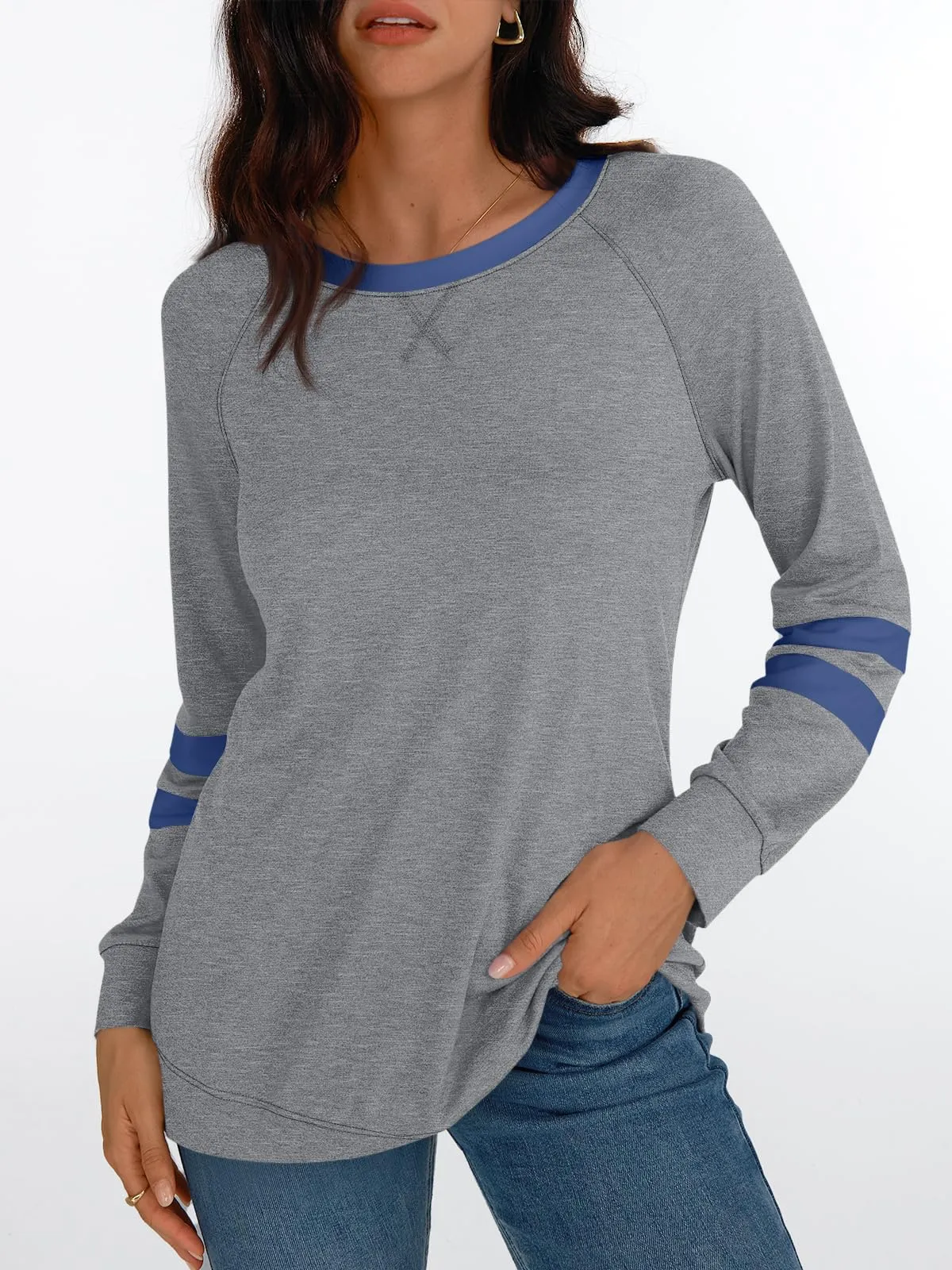Womens Long Sleeve Shirts Color Block Casual Crewneck Tops Tshirt Basic Tees Fashion Clothes Trendy Outfits