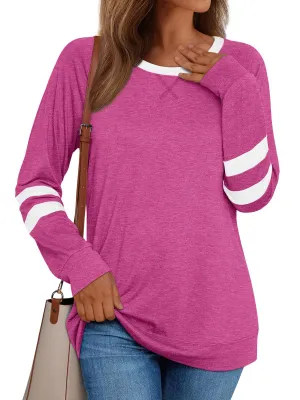 Womens Long Sleeve Shirts Color Block Casual Crewneck Tops Tshirt Basic Tees Fashion Clothes Trendy Outfits