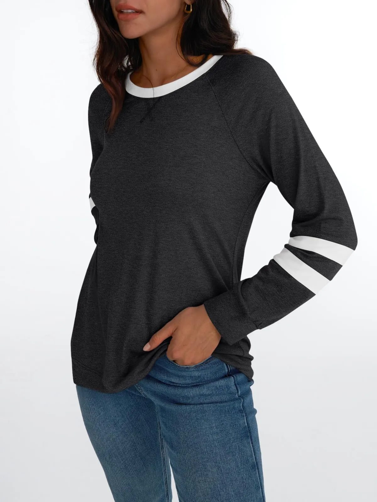Womens Long Sleeve Shirts Color Block Casual Crewneck Tops Tshirt Basic Tees Fashion Clothes Trendy Outfits