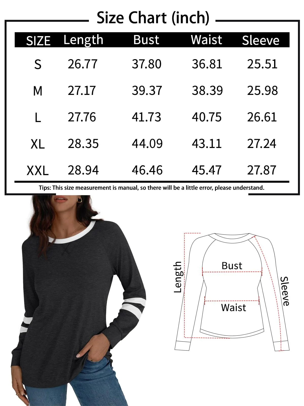 Womens Long Sleeve Shirts Color Block Casual Crewneck Tops Tshirt Basic Tees Fashion Clothes Trendy Outfits