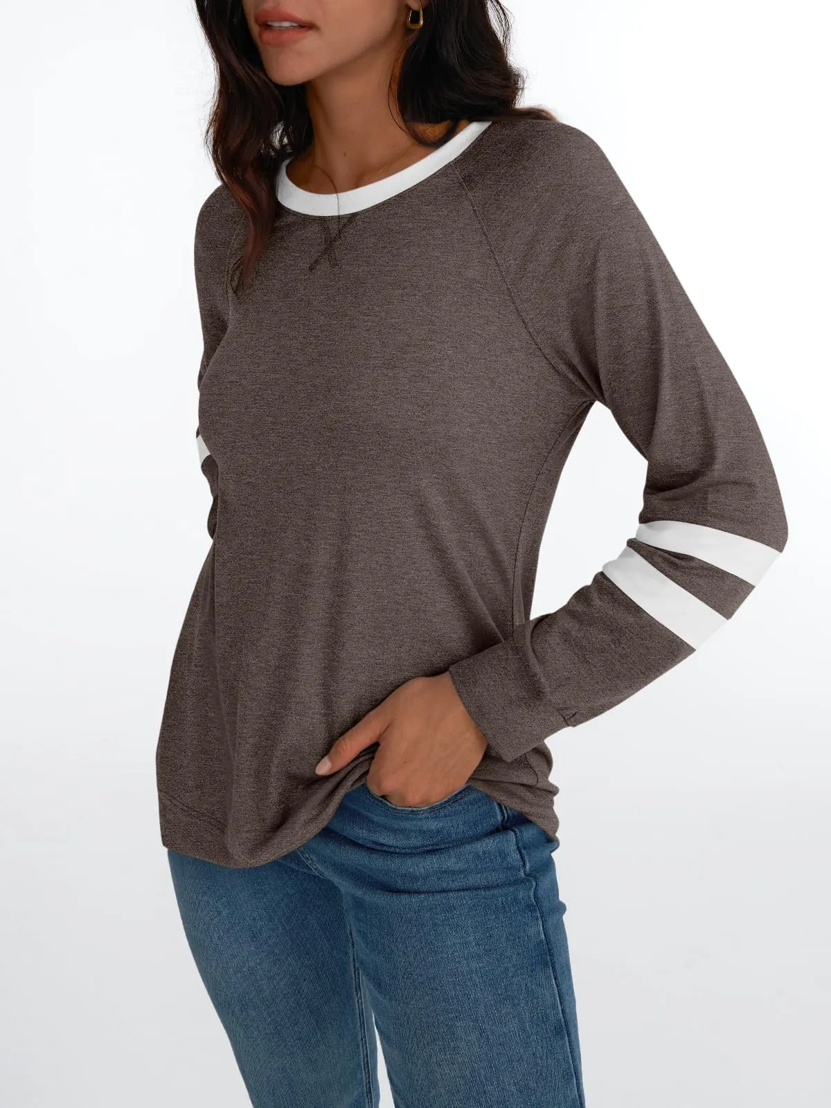 Womens Long Sleeve Shirts Color Block Casual Crewneck Tops Tshirt Basic Tees Fashion Clothes Trendy Outfits