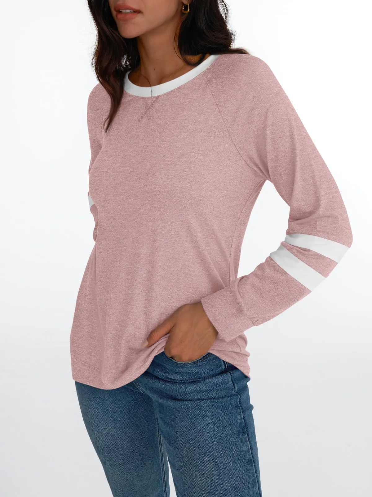 Womens Long Sleeve Shirts Color Block Casual Crewneck Tops Tshirt Basic Tees Fashion Clothes Trendy Outfits