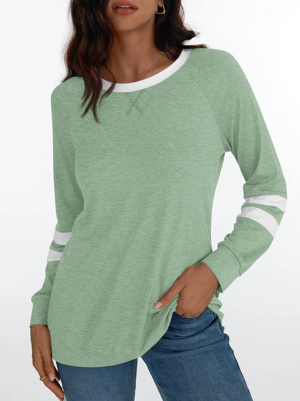 Womens Long Sleeve Shirts Color Block Casual Crewneck Tops Tshirt Basic Tees Fashion Clothes Trendy Outfits