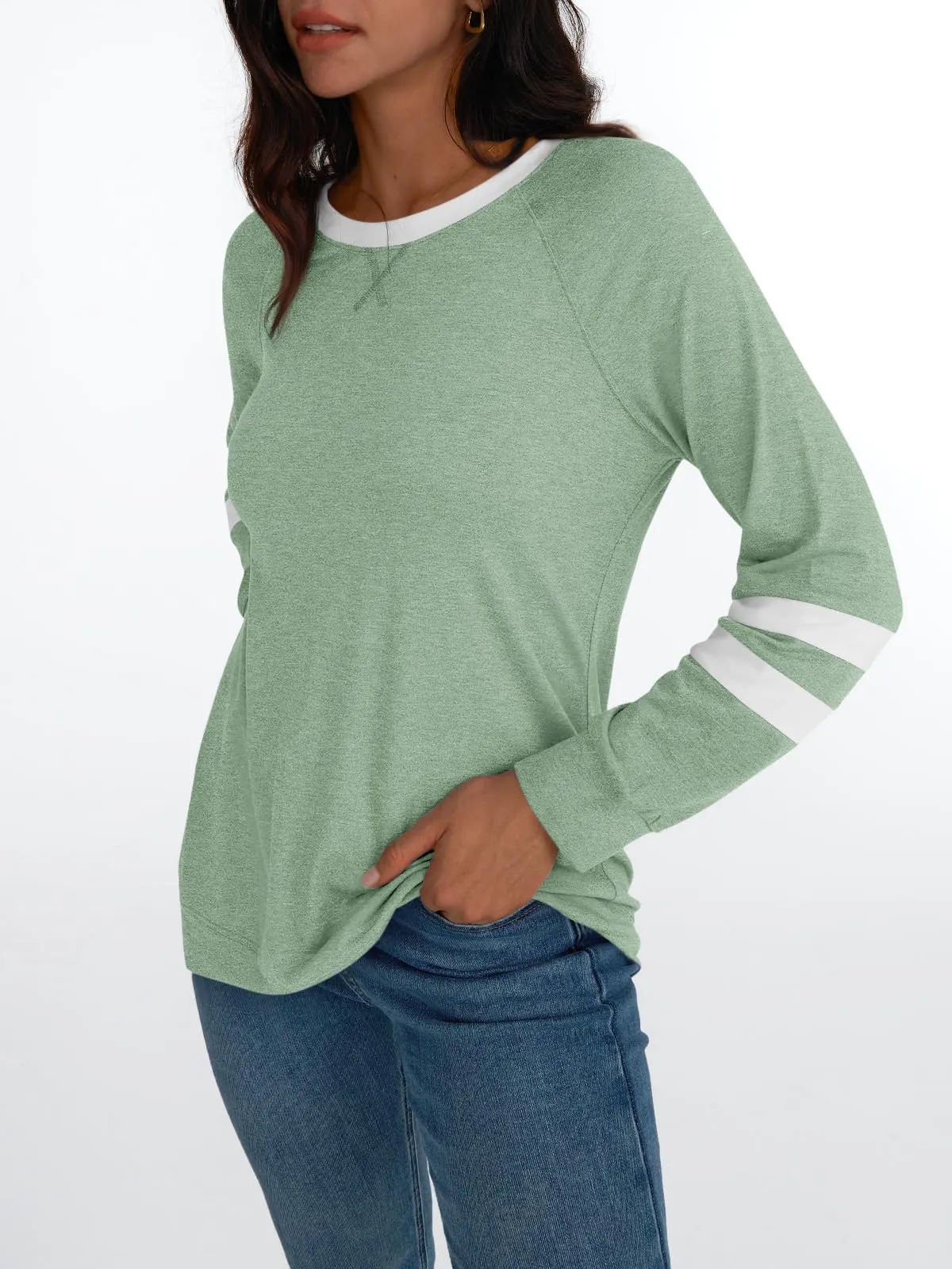 Womens Long Sleeve Shirts Color Block Casual Crewneck Tops Tshirt Basic Tees Fashion Clothes Trendy Outfits