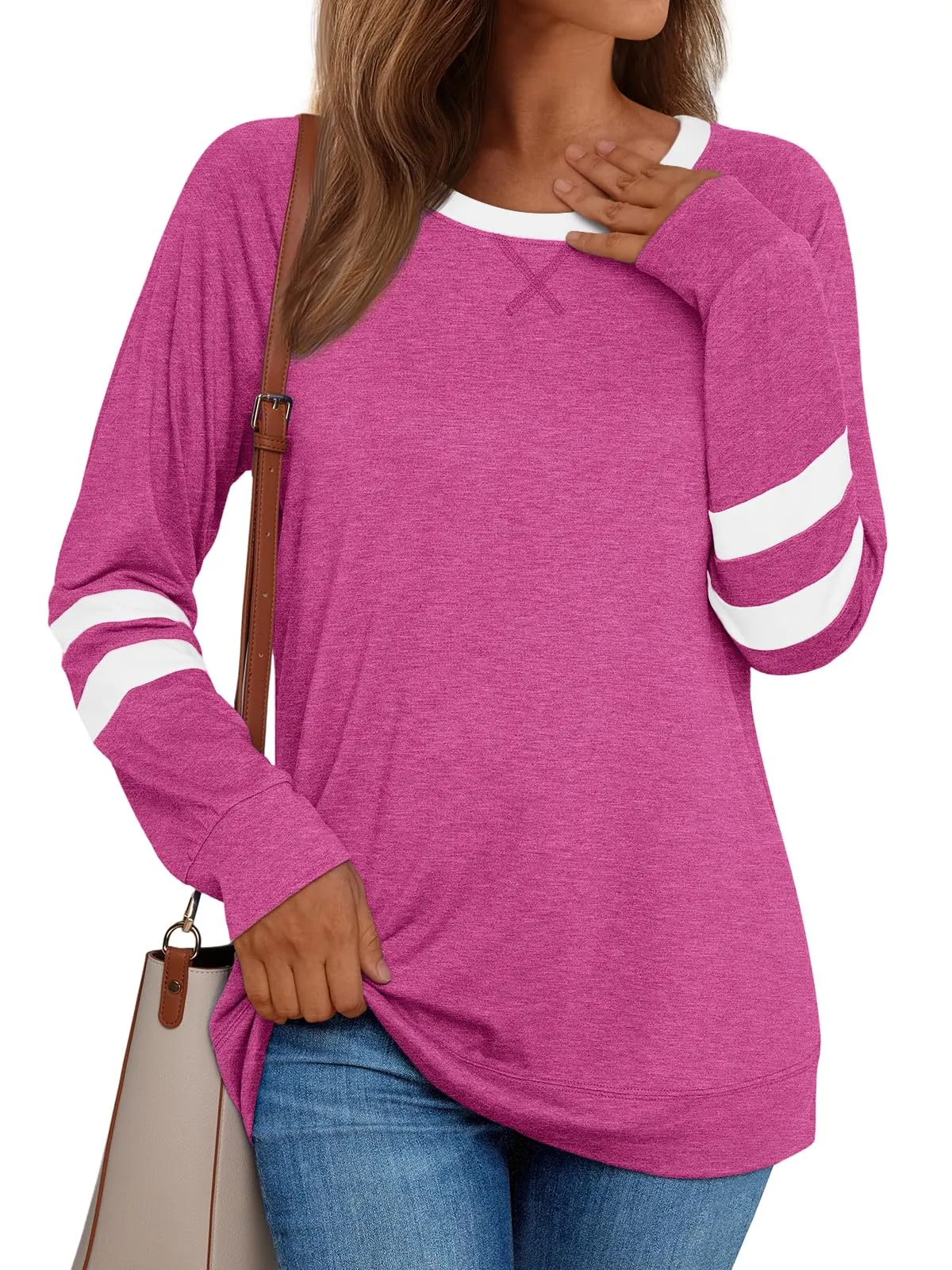 Womens Long Sleeve Shirts Color Block Casual Crewneck Tops Tshirt Basic Tees Fashion Clothes Trendy Outfits