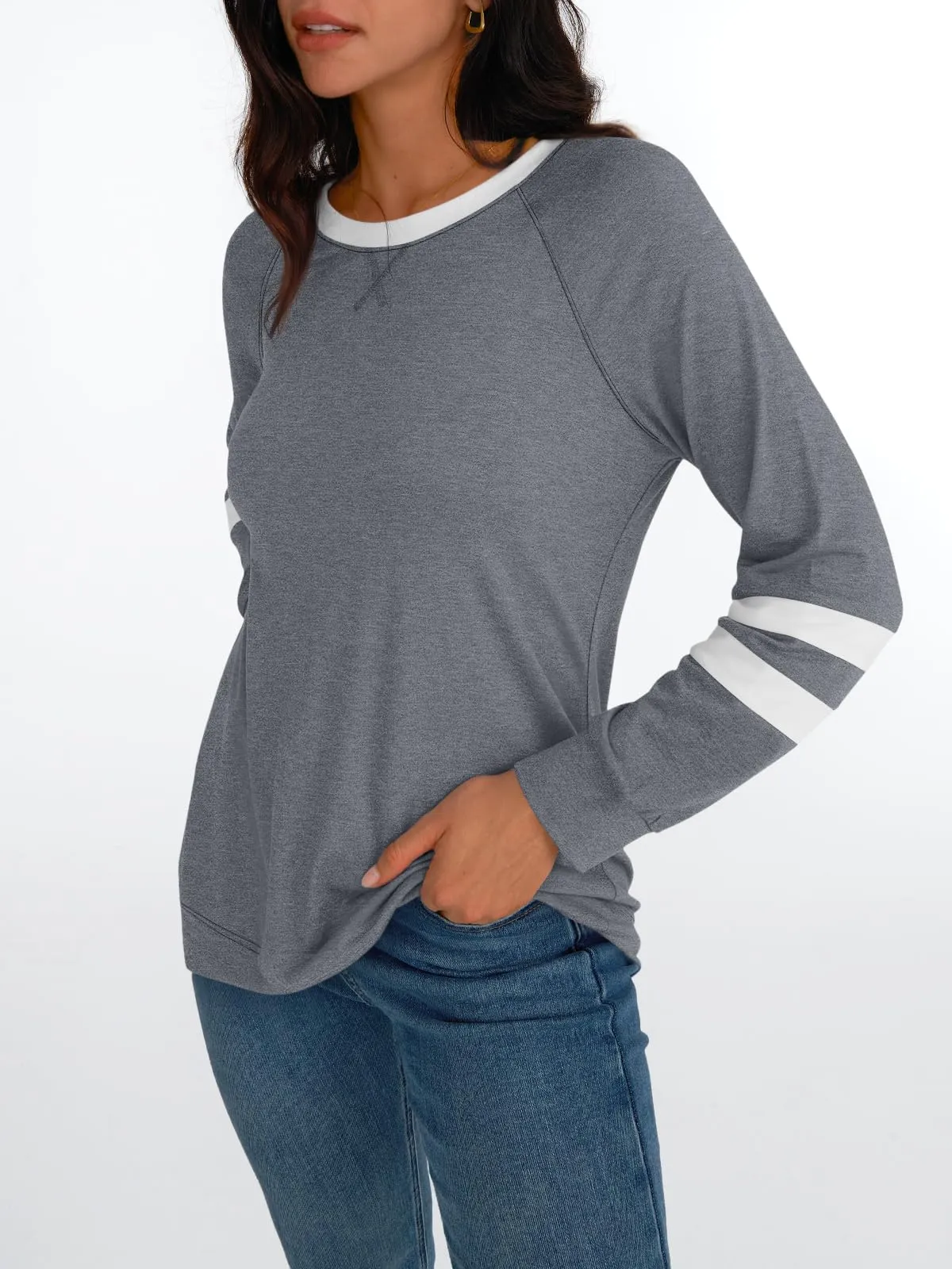 Womens Long Sleeve Shirts Color Block Casual Crewneck Tops Tshirt Basic Tees Fashion Clothes Trendy Outfits