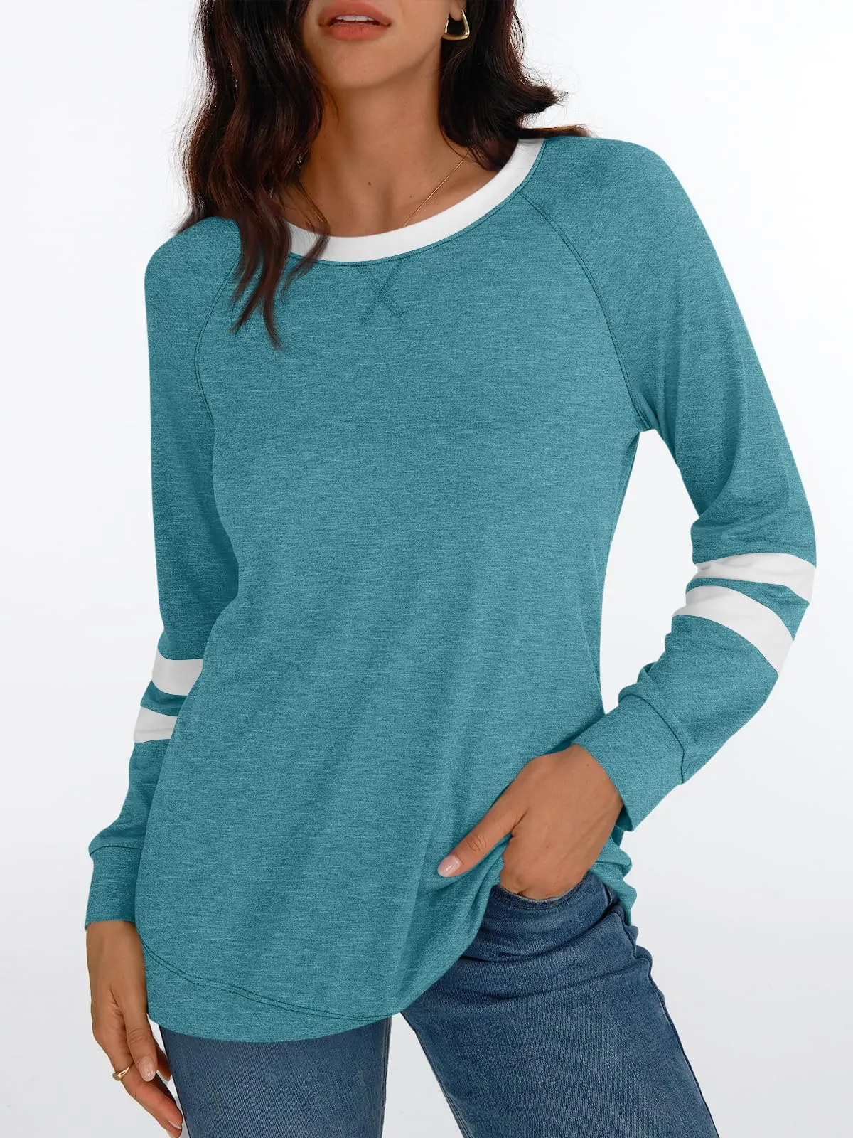 Womens Long Sleeve Shirts Color Block Casual Crewneck Tops Tshirt Basic Tees Fashion Clothes Trendy Outfits