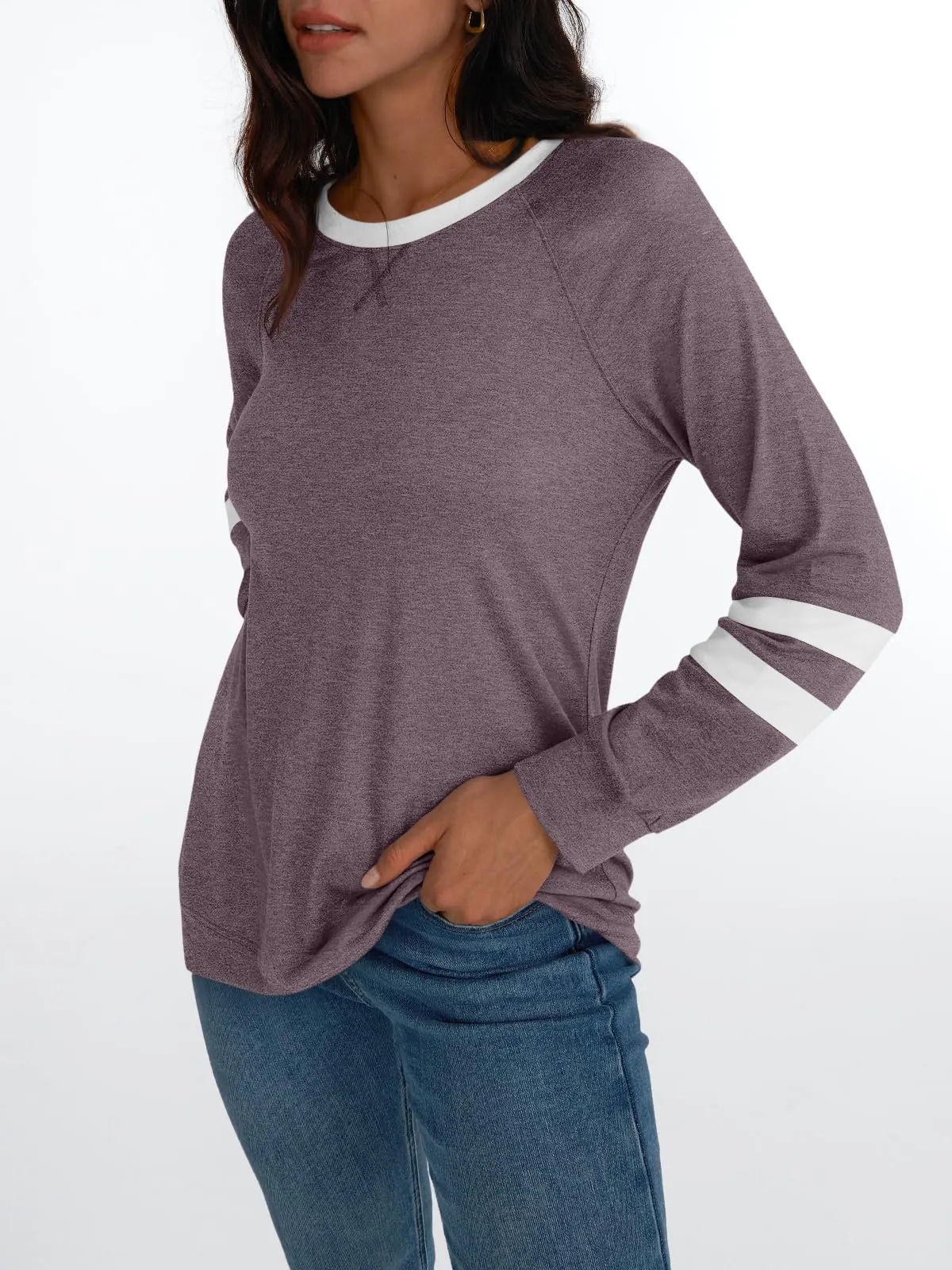 Womens Long Sleeve Shirts Color Block Casual Crewneck Tops Tshirt Basic Tees Fashion Clothes Trendy Outfits