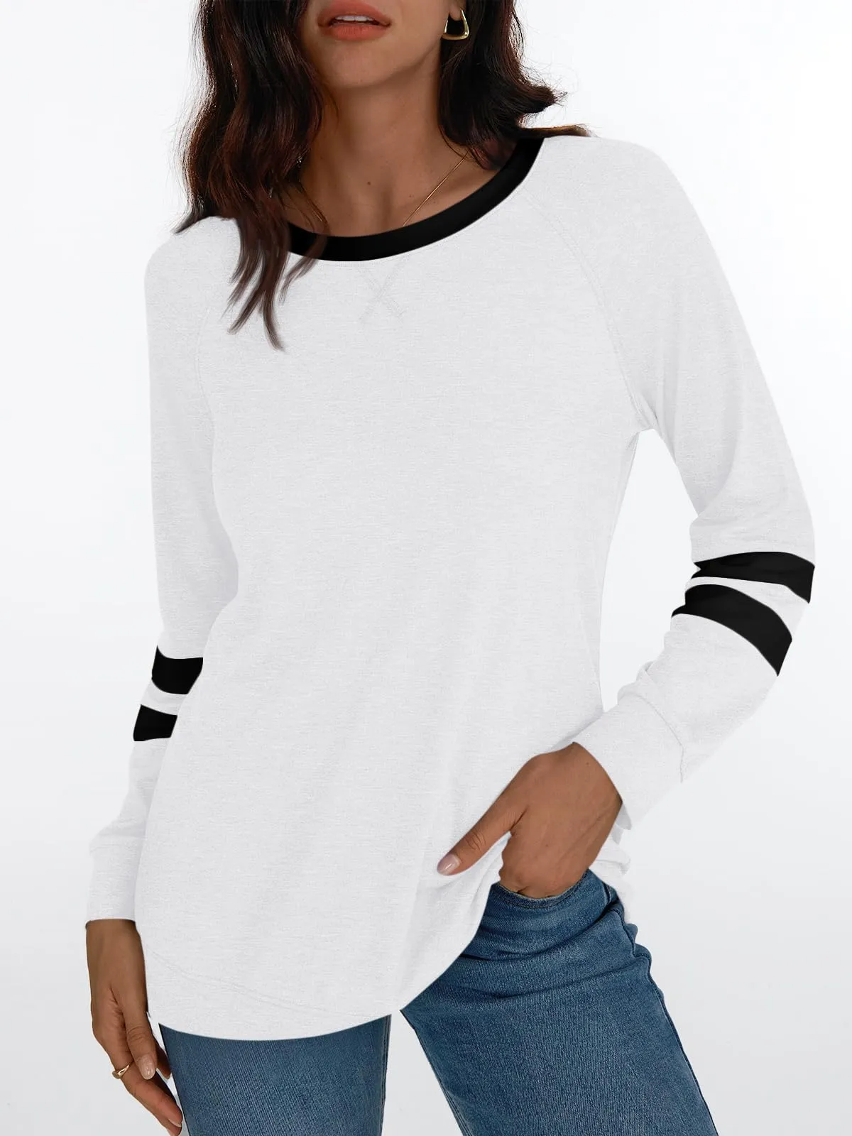 Womens Long Sleeve Shirts Color Block Casual Crewneck Tops Tshirt Basic Tees Fashion Clothes Trendy Outfits