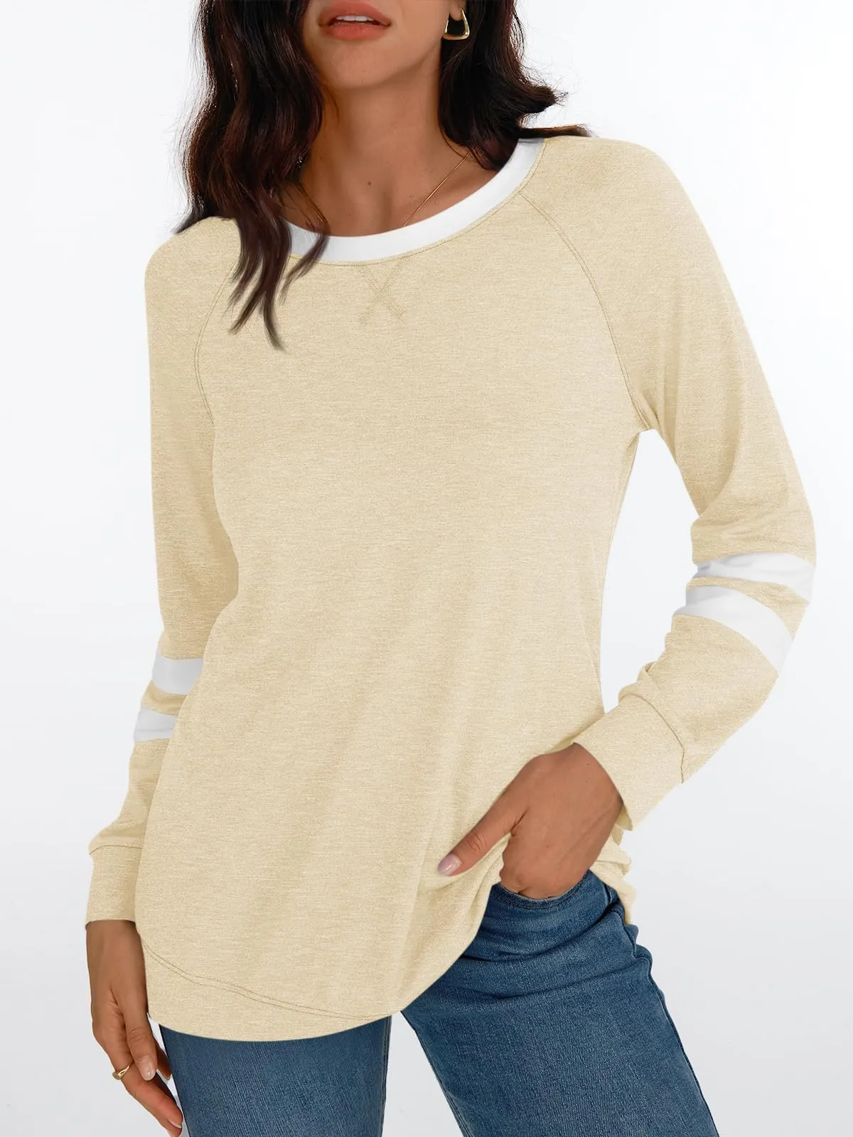 Womens Long Sleeve Shirts Color Block Casual Crewneck Tops Tshirt Basic Tees Fashion Clothes Trendy Outfits