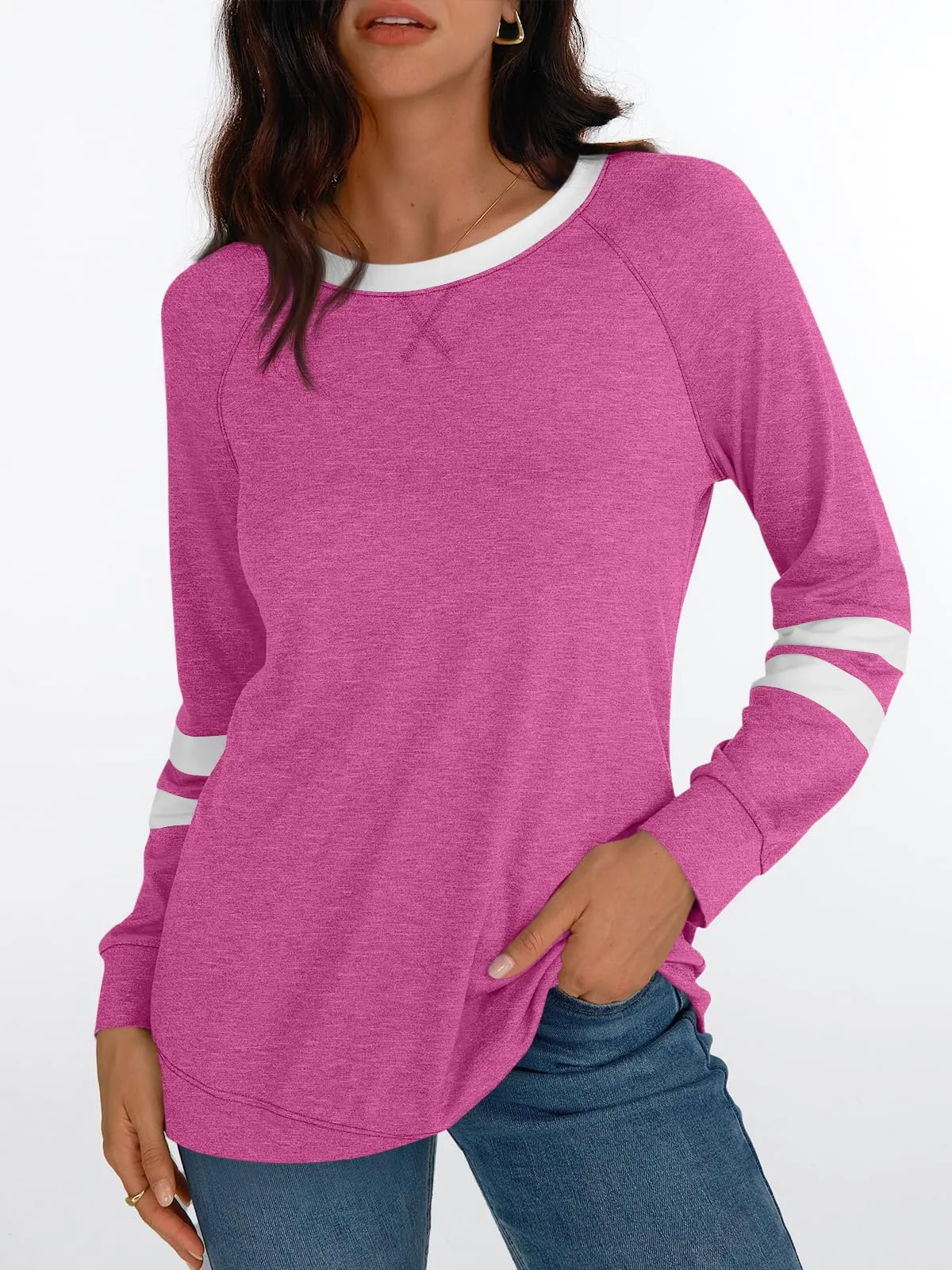 Womens Long Sleeve Shirts Color Block Casual Crewneck Tops Tshirt Basic Tees Fashion Clothes Trendy Outfits