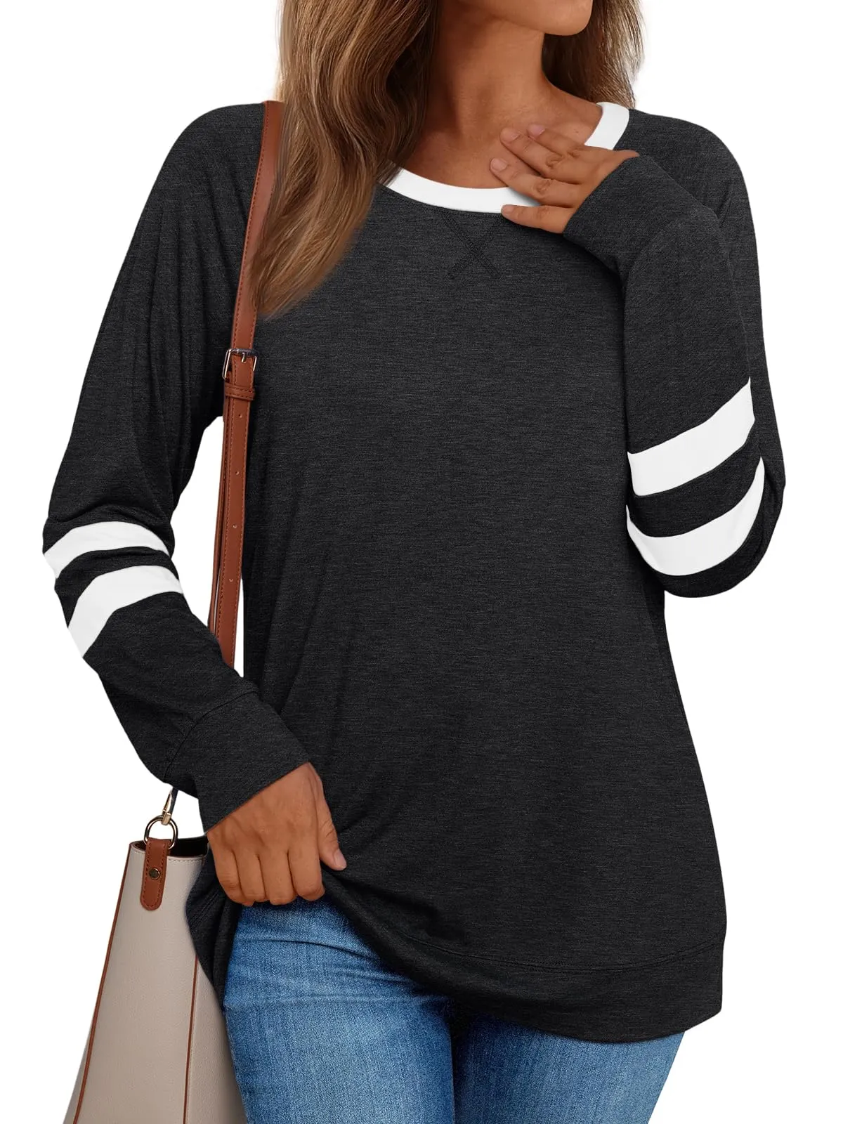 Womens Long Sleeve Shirts Color Block Casual Crewneck Tops Tshirt Basic Tees Fashion Clothes Trendy Outfits