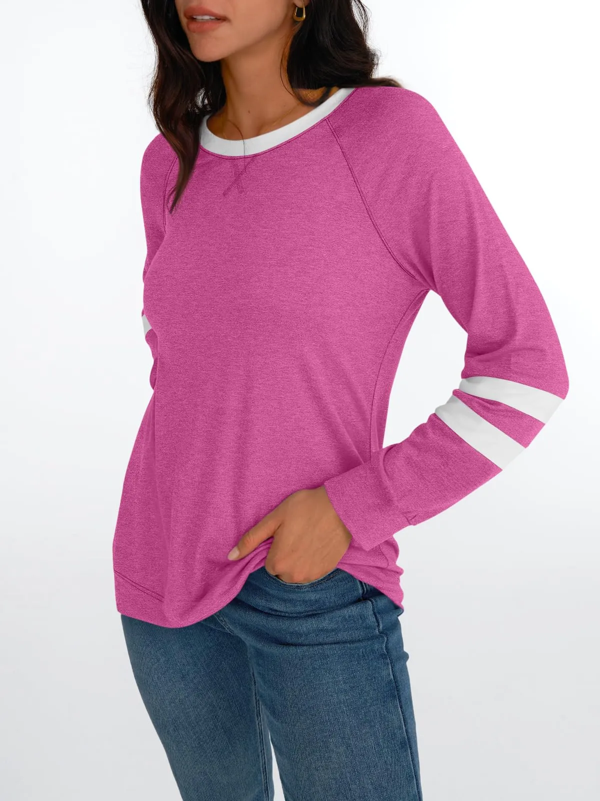 Womens Long Sleeve Shirts Color Block Casual Crewneck Tops Tshirt Basic Tees Fashion Clothes Trendy Outfits