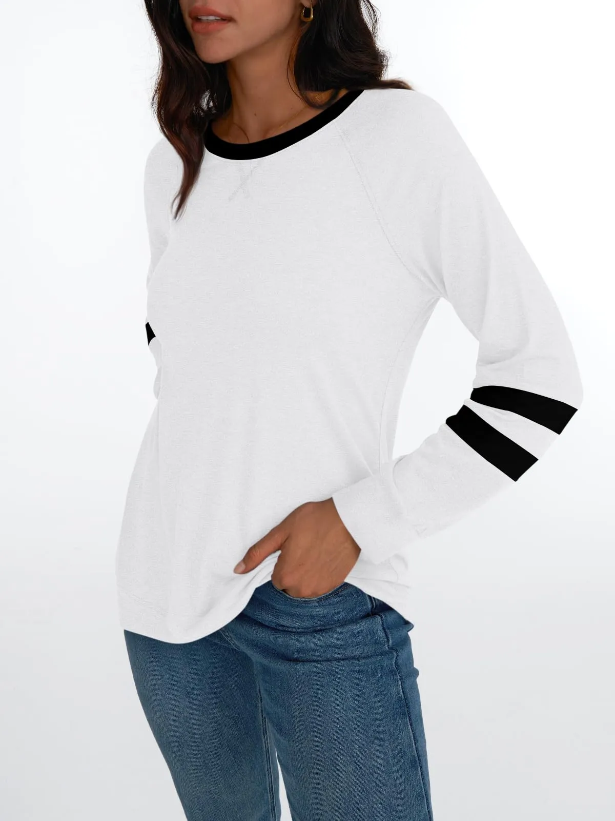 Womens Long Sleeve Shirts Color Block Casual Crewneck Tops Tshirt Basic Tees Fashion Clothes Trendy Outfits