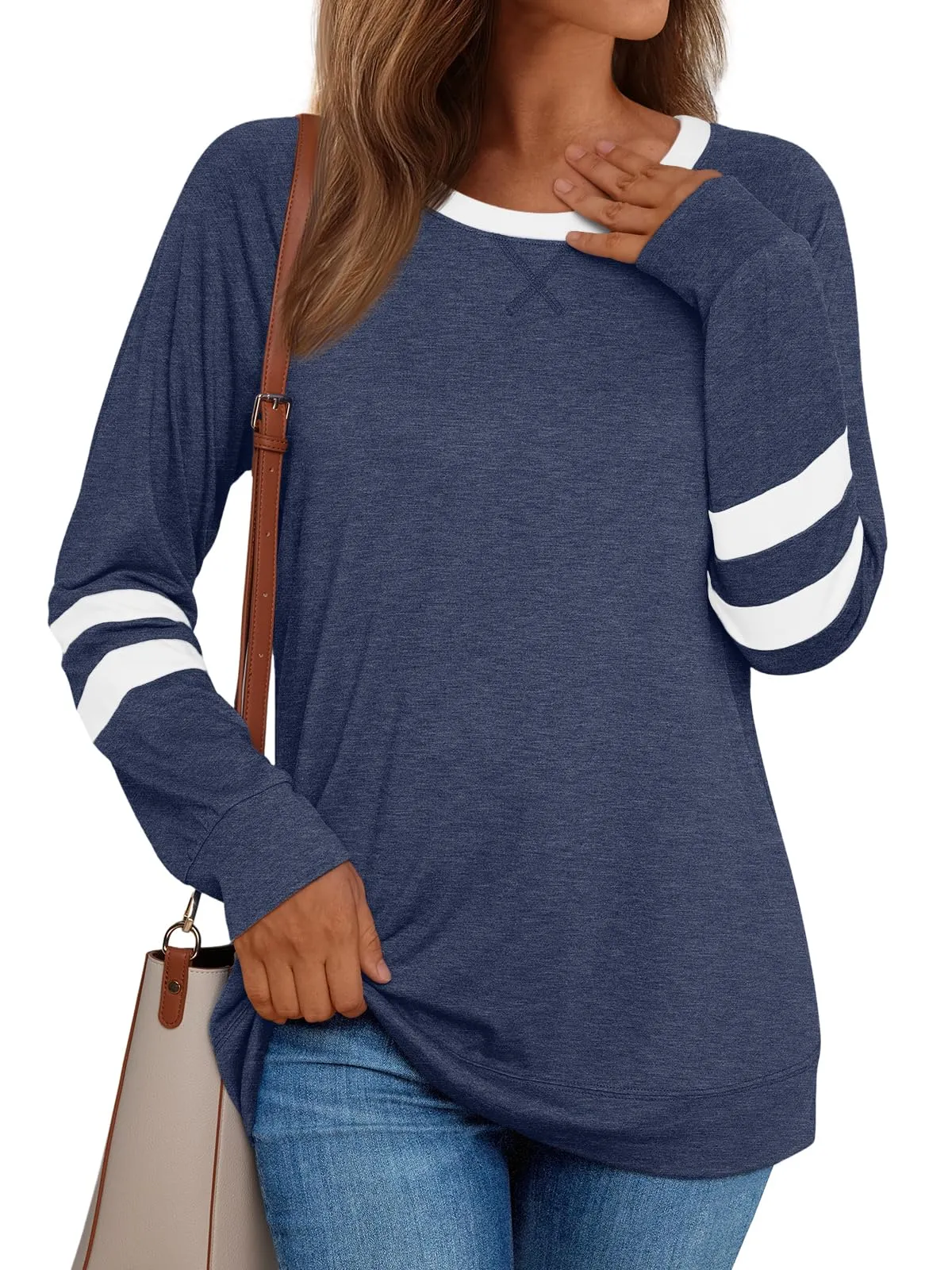 Womens Long Sleeve Shirts Color Block Casual Crewneck Tops Tshirt Basic Tees Fashion Clothes Trendy Outfits