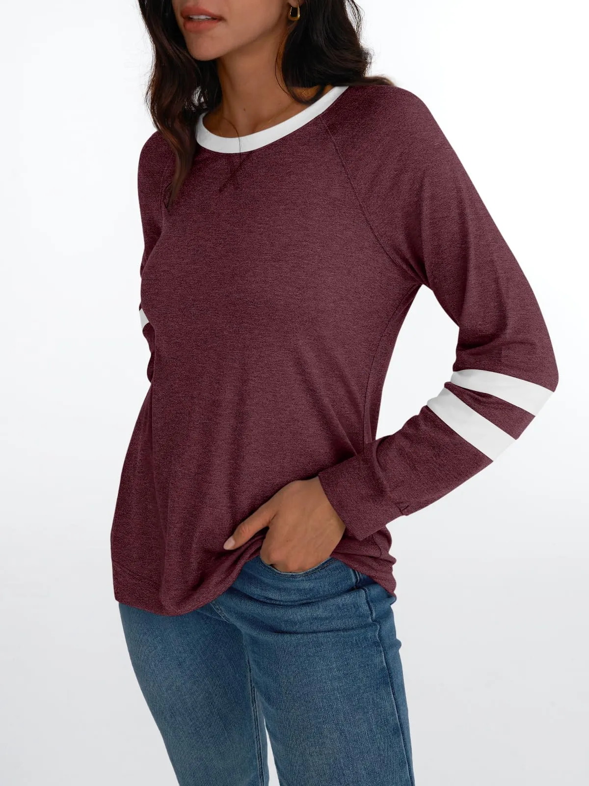Womens Long Sleeve Shirts Color Block Casual Crewneck Tops Tshirt Basic Tees Fashion Clothes Trendy Outfits