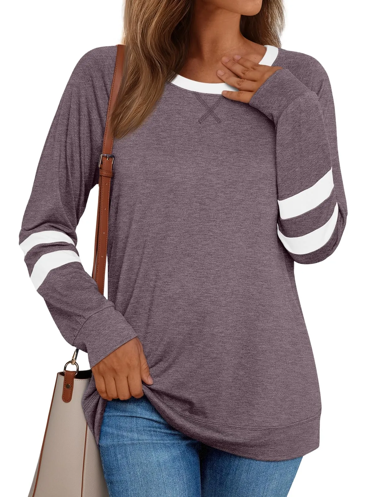 Womens Long Sleeve Shirts Color Block Casual Crewneck Tops Tshirt Basic Tees Fashion Clothes Trendy Outfits