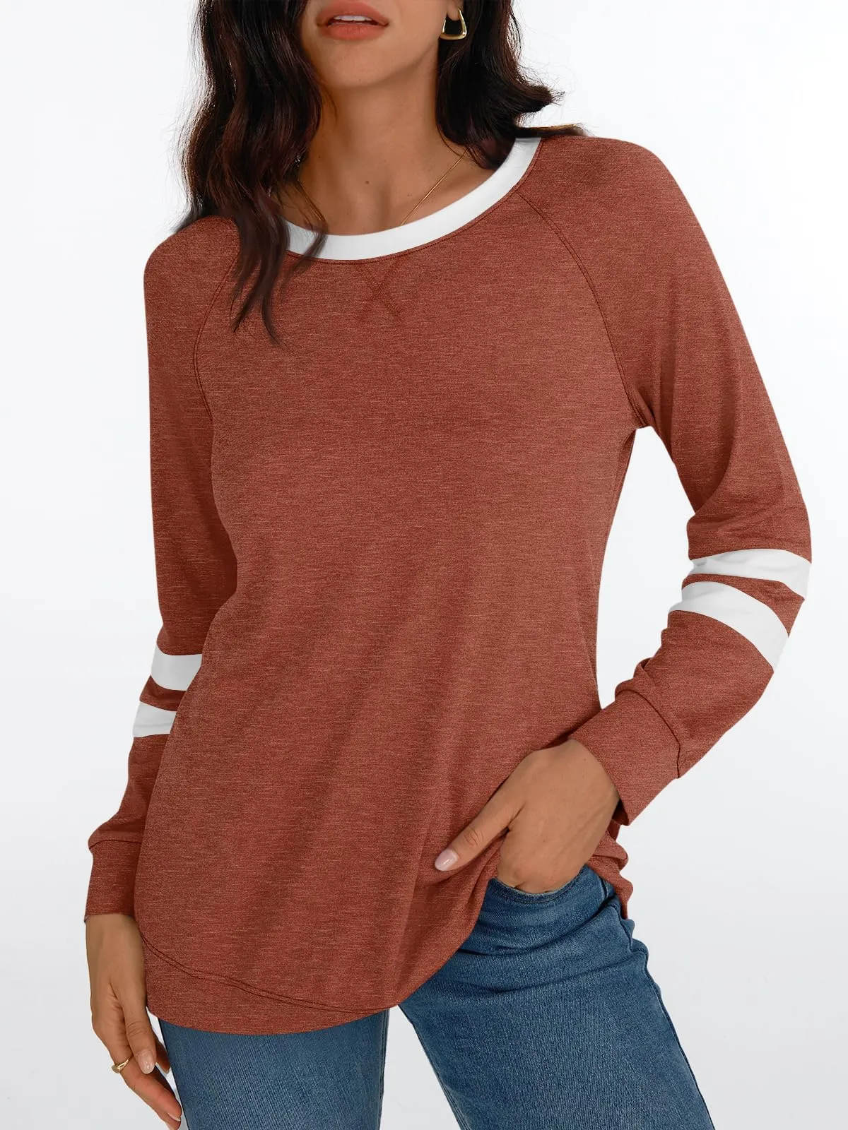 Womens Long Sleeve Shirts Color Block Casual Crewneck Tops Tshirt Basic Tees Fashion Clothes Trendy Outfits
