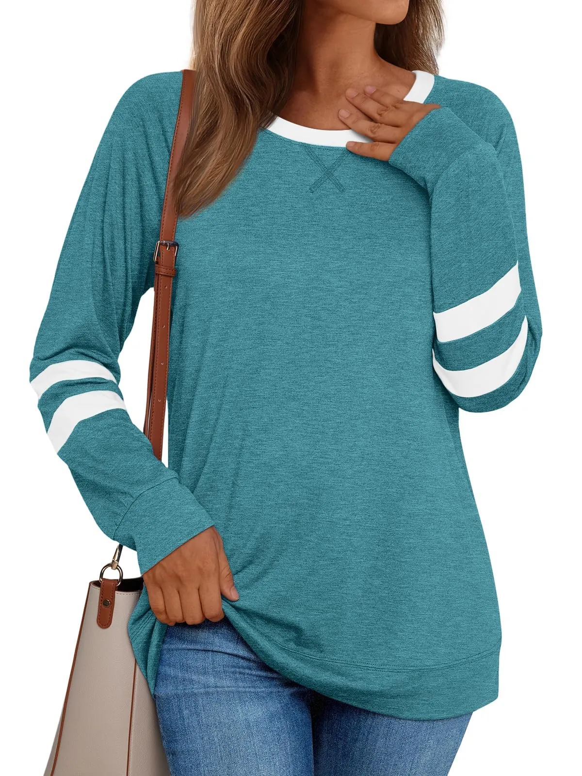 Womens Long Sleeve Shirts Color Block Casual Crewneck Tops Tshirt Basic Tees Fashion Clothes Trendy Outfits
