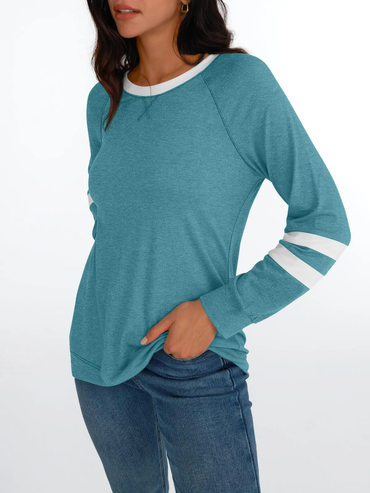 Womens Long Sleeve Shirts Color Block Casual Crewneck Tops Tshirt Basic Tees Fashion Clothes Trendy Outfits